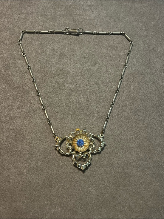 Vintage Jewelry - Gold-Tone Vintage Floral Pendant Necklace with Blue Center
